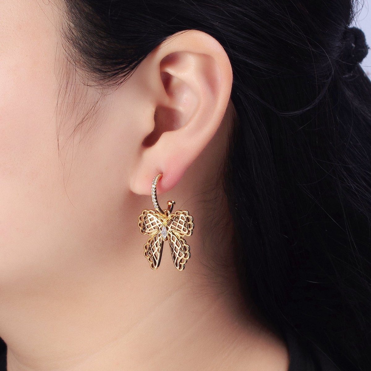 16K Gold Filled Micro Paved C-Shaped Hoops Ribbon Bow Dangle Drop Earrings in Gold & Silver | AB493 AB494