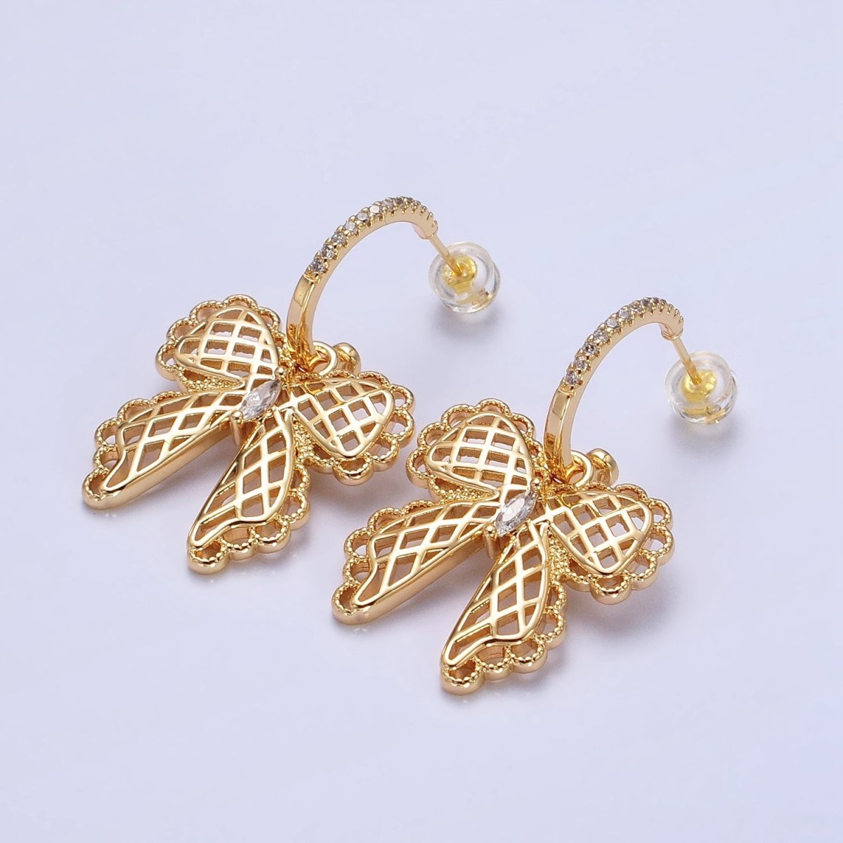 16K Gold Filled Micro Paved C-Shaped Hoops Ribbon Bow Dangle Drop Earrings in Gold & Silver | AB493 AB494