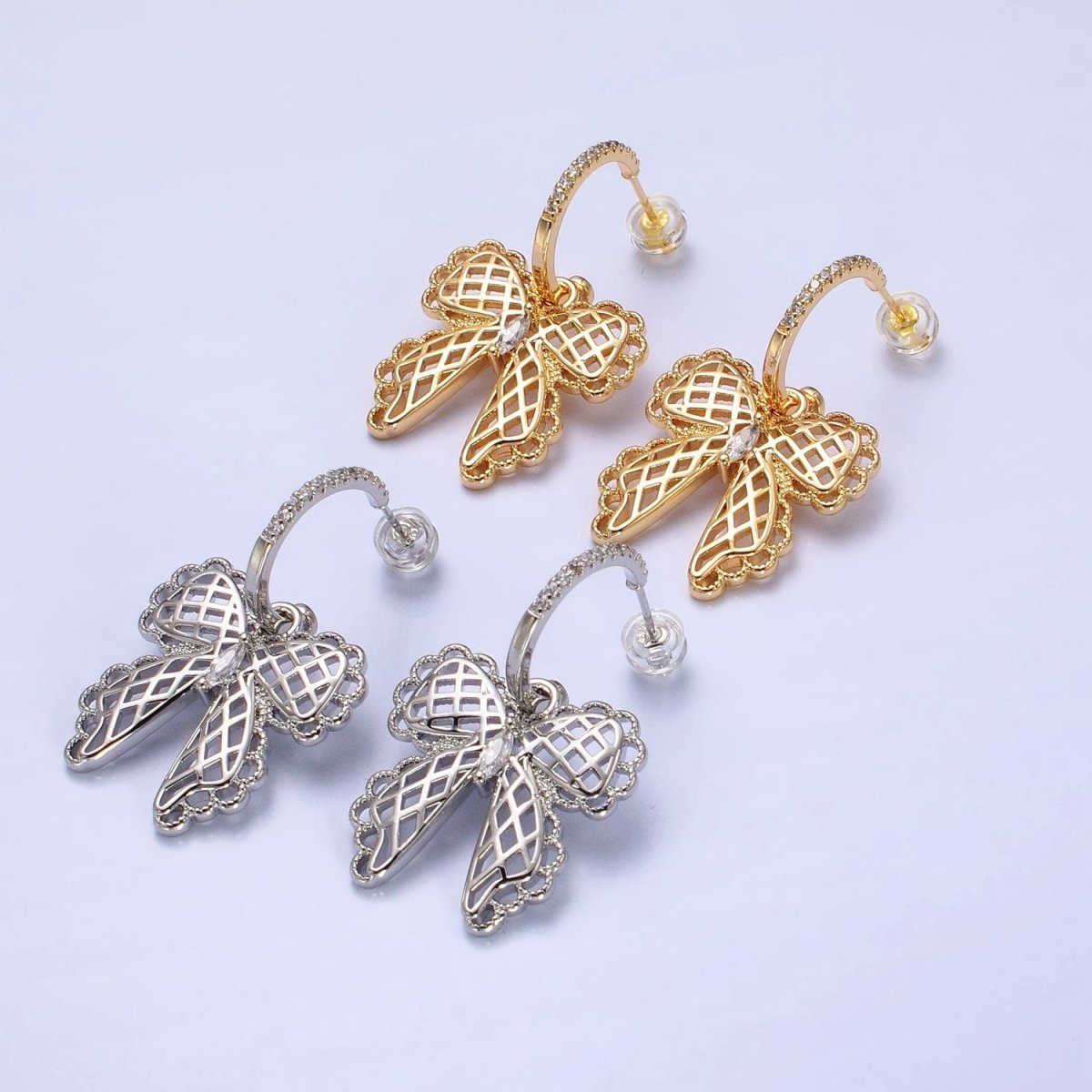 16K Gold Filled Micro Paved C-Shaped Hoops Ribbon Bow Dangle Drop Earrings in Gold & Silver | AB493 AB494