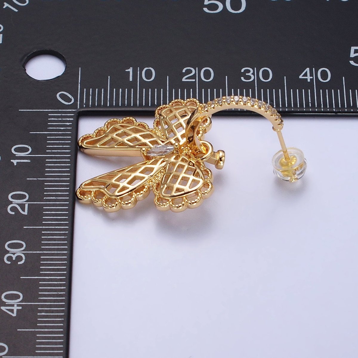 16K Gold Filled Micro Paved C-Shaped Hoops Ribbon Bow Dangle Drop Earrings in Gold & Silver | AB493 AB494