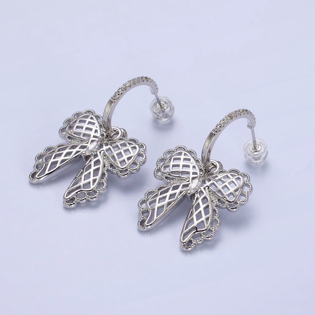 16K Gold Filled Micro Paved C-Shaped Hoops Ribbon Bow Dangle Drop Earrings in Gold & Silver | AB493 AB494