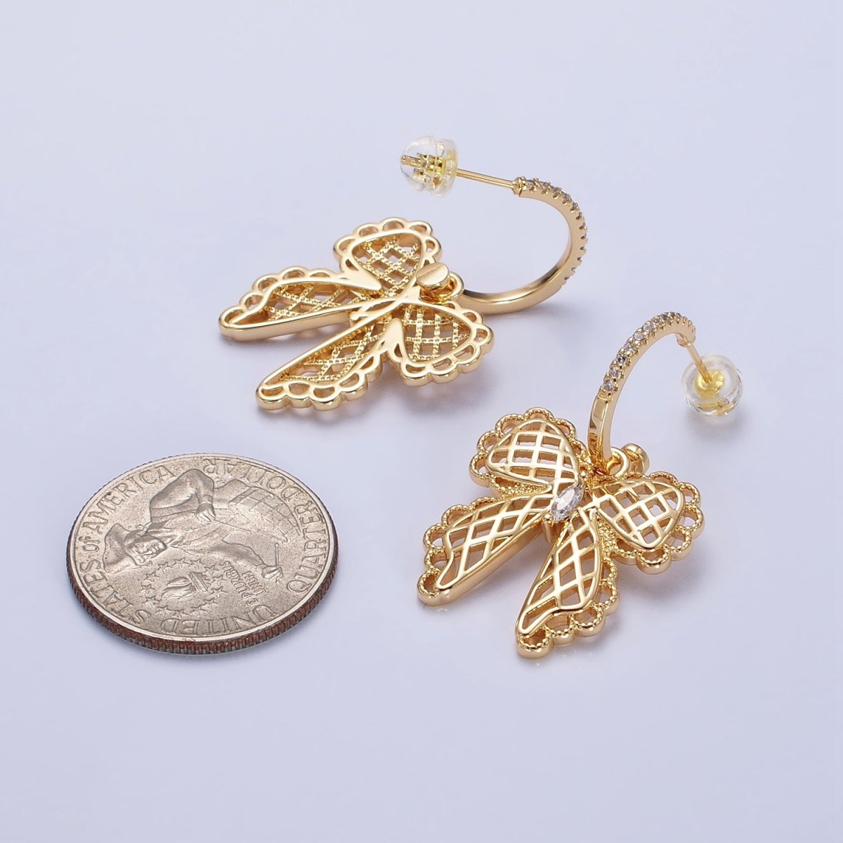 16K Gold Filled Micro Paved C-Shaped Hoops Ribbon Bow Dangle Drop Earrings in Gold & Silver | AB493 AB494