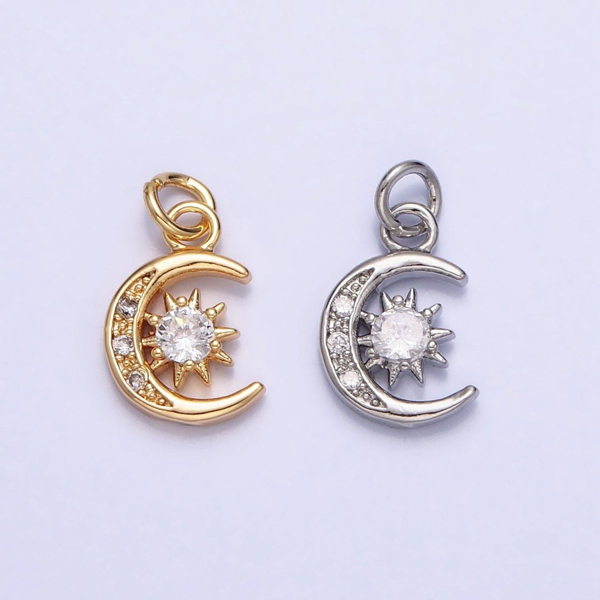 16K Gold Filled Micro Paved Clear CZ Crescent Moon Celestial Add-On Charm in Gold & Silver | AC1042 AC1043