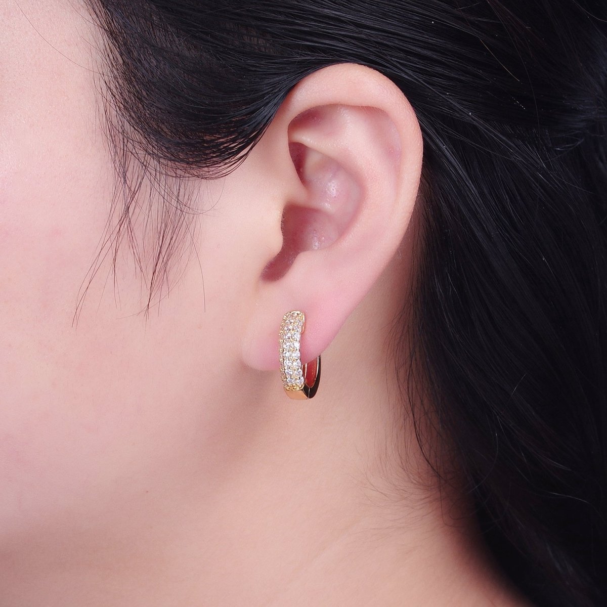 16K Gold Filled Micro Paved CZ 18mm Huggie Hoop Earrings | V-384 - DLUXCA