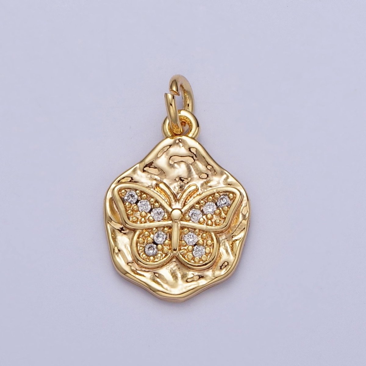 16K Gold Filled Micro Paved CZ Butterfly Hammered Charm | N-559
