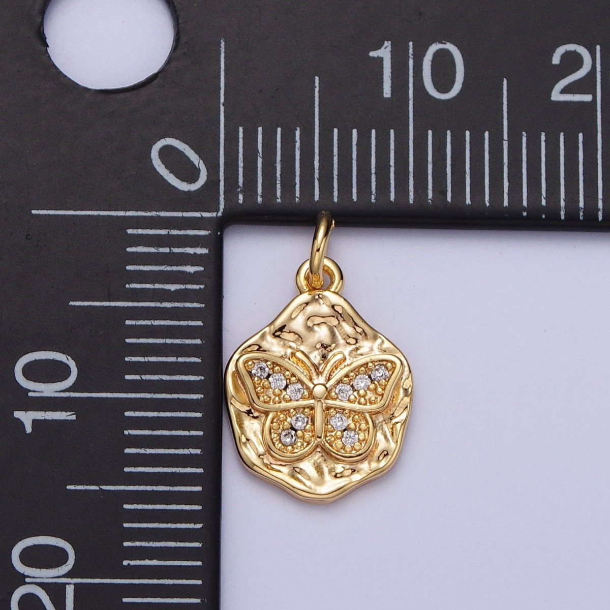16K Gold Filled Micro Paved CZ Butterfly Hammered Charm | N-559
