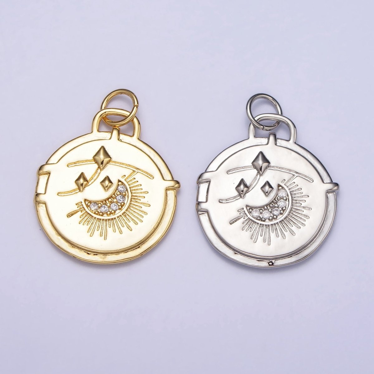16K Gold Filled Micro Paved CZ Celestial Stars Crescent Moon Textured Charm in Gold & Silver | AC1272 AC1273