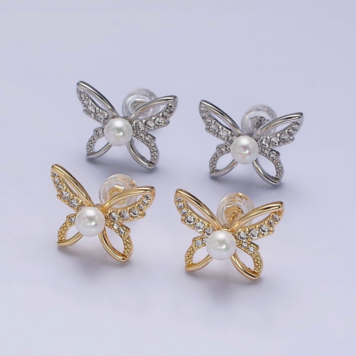 16K Gold Filled Micro Paved CZ Pearl Butterfly Mariposa Stud Earrings | AD1251 AD3495