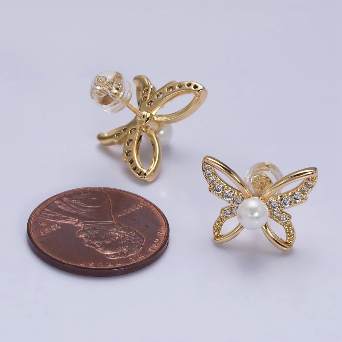 16K Gold Filled Micro Paved CZ Pearl Butterfly Mariposa Stud Earrings | AD1251 AD3495