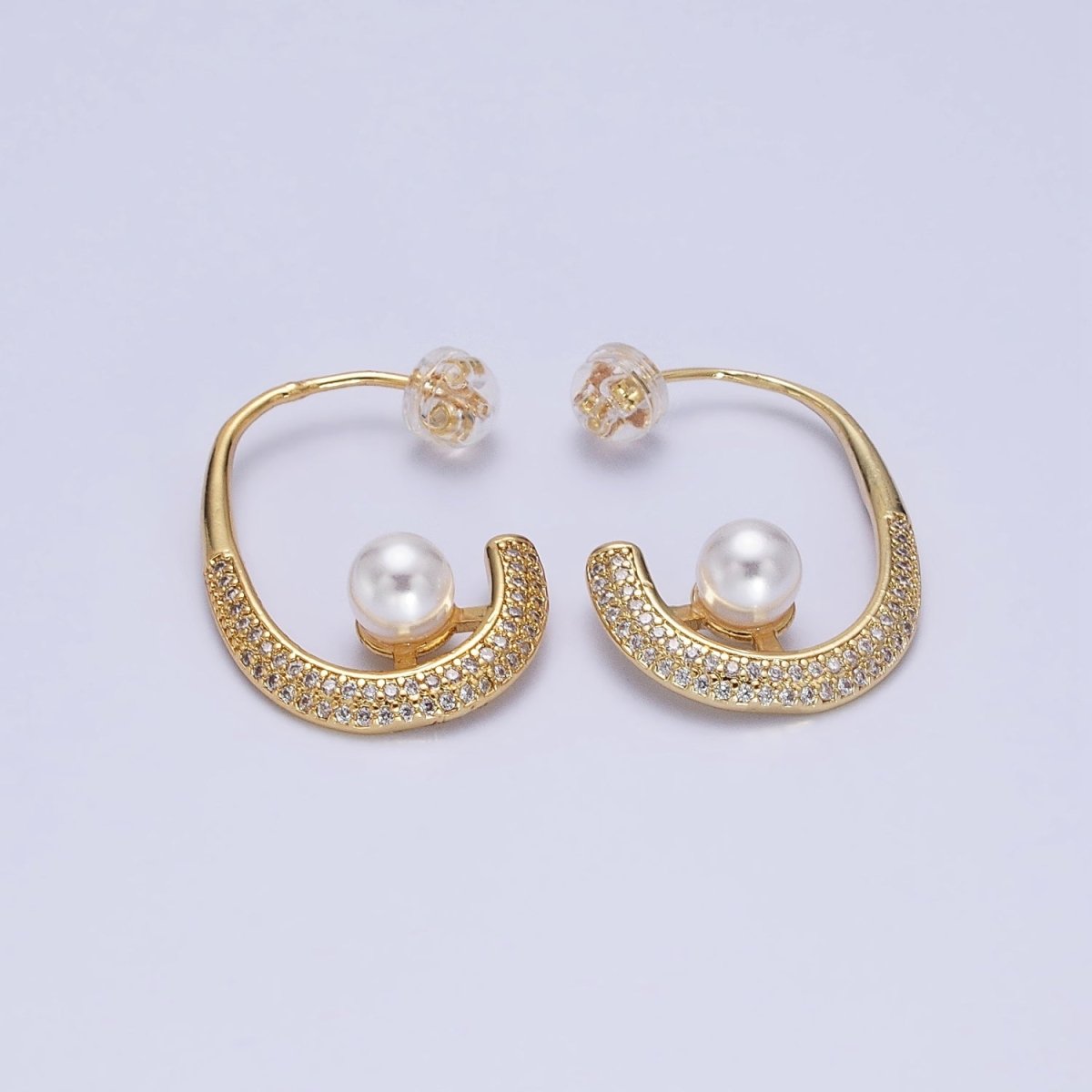 16K Gold Filled Micro Paved CZ Pearl J-Shaped Hoop Earrings in Gold & Silver | AD871 AD872