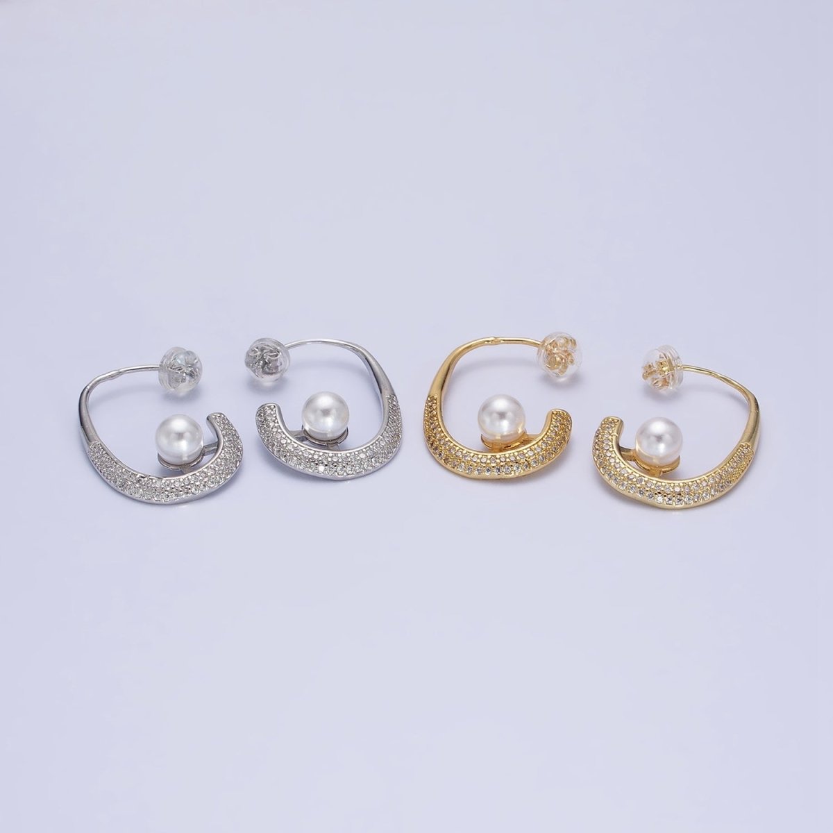 16K Gold Filled Micro Paved CZ Pearl J-Shaped Hoop Earrings in Gold & Silver | AD871 AD872