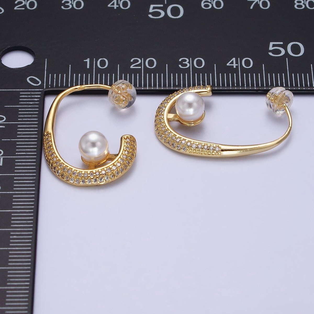 16K Gold Filled Micro Paved CZ Pearl J-Shaped Hoop Earrings in Gold & Silver | AD871 AD872