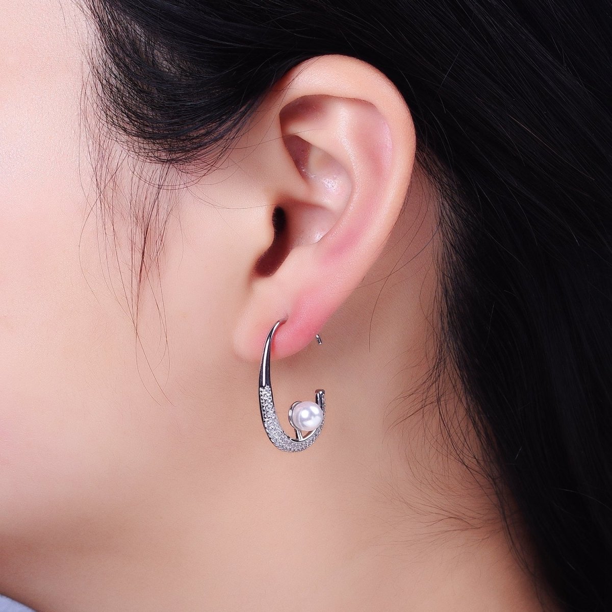 16K Gold Filled Micro Paved CZ Pearl J-Shaped Hoop Earrings in Gold & Silver | AD871 AD872