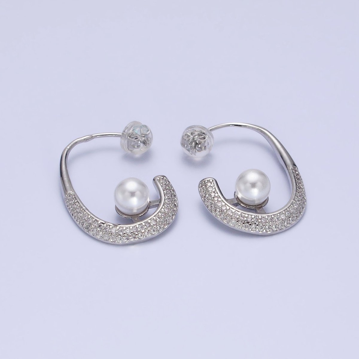 16K Gold Filled Micro Paved CZ Pearl J-Shaped Hoop Earrings in Gold & Silver | AD871 AD872