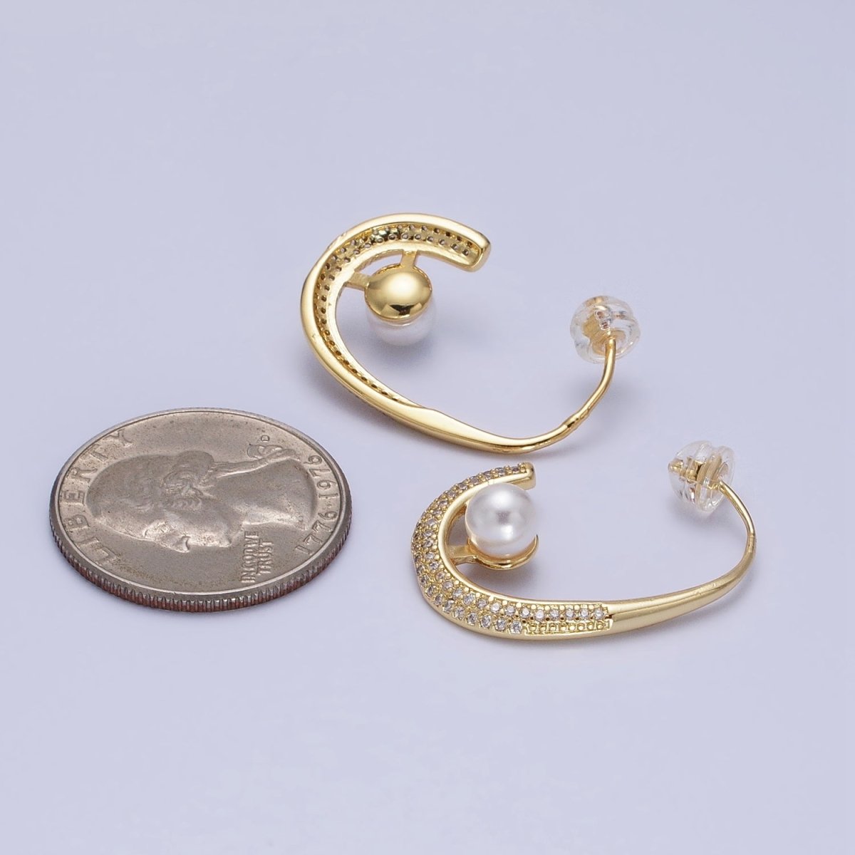 16K Gold Filled Micro Paved CZ Pearl J-Shaped Hoop Earrings in Gold & Silver | AD871 AD872