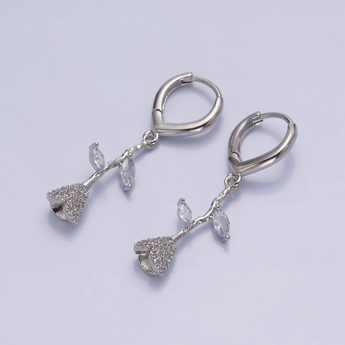 16K Gold Filled Micro Paved CZ Rose Flower Marquise Leaf Drop Triangle Huggie Earrings in Gold & Silver | AB1417 AB1418