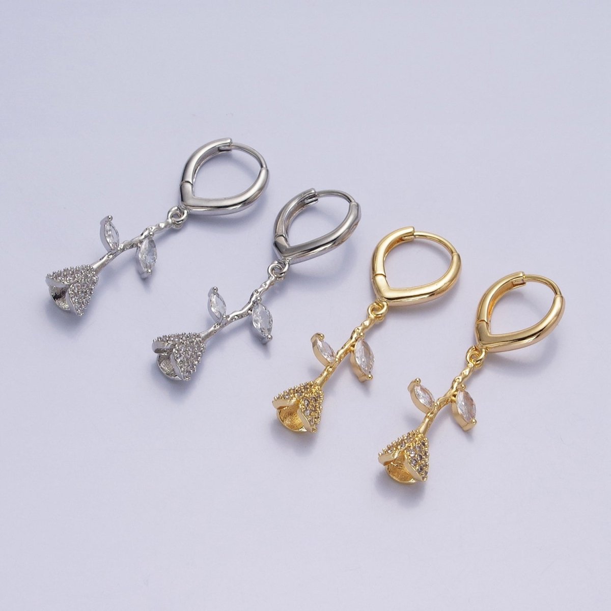 16K Gold Filled Micro Paved CZ Rose Flower Marquise Leaf Drop Triangle Huggie Earrings in Gold & Silver | AB1417 AB1418
