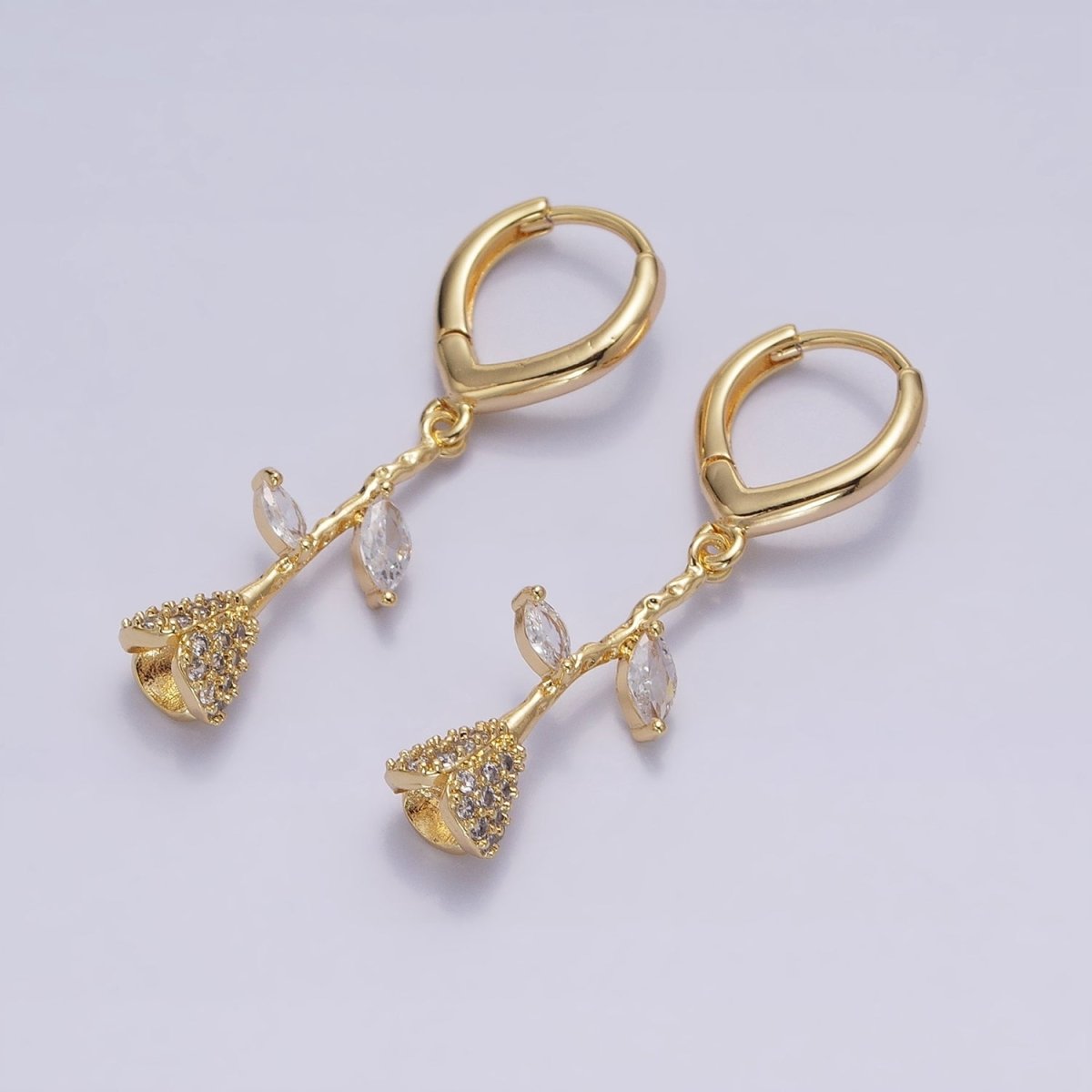 16K Gold Filled Micro Paved CZ Rose Flower Marquise Leaf Drop Triangle Huggie Earrings in Gold & Silver | AB1417 AB1418
