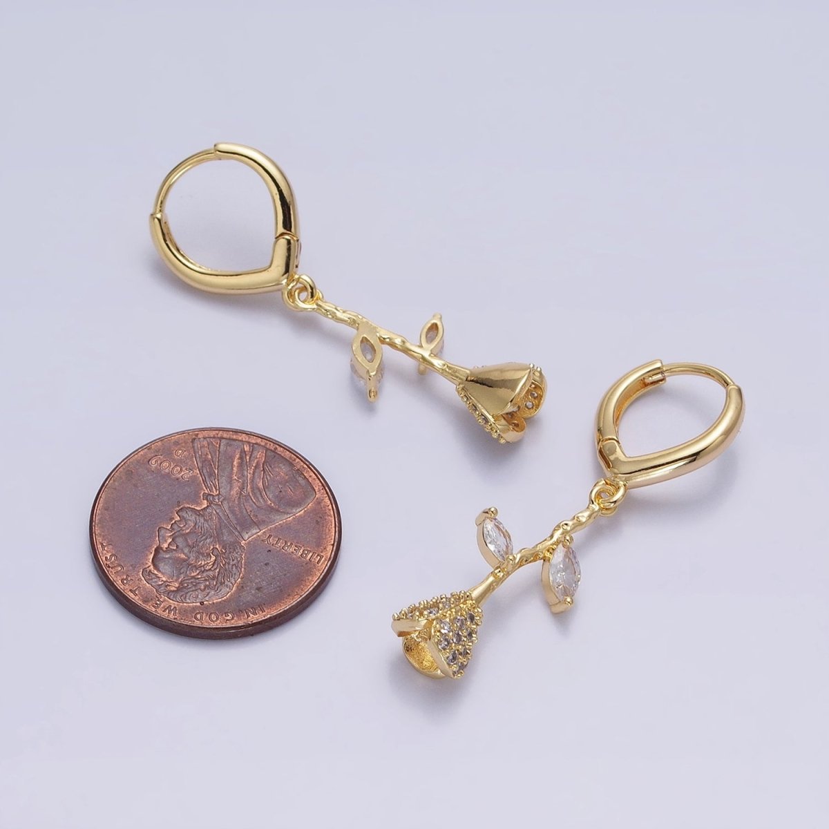16K Gold Filled Micro Paved CZ Rose Flower Marquise Leaf Drop Triangle Huggie Earrings in Gold & Silver | AB1417 AB1418