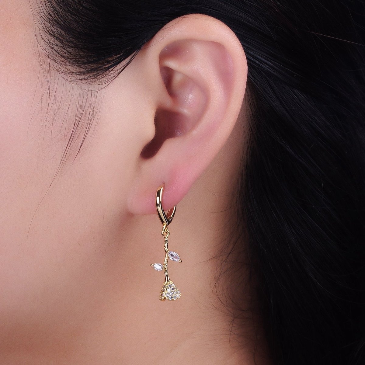 16K Gold Filled Micro Paved CZ Rose Flower Marquise Leaf Drop Triangle Huggie Earrings in Gold & Silver | AB1417 AB1418