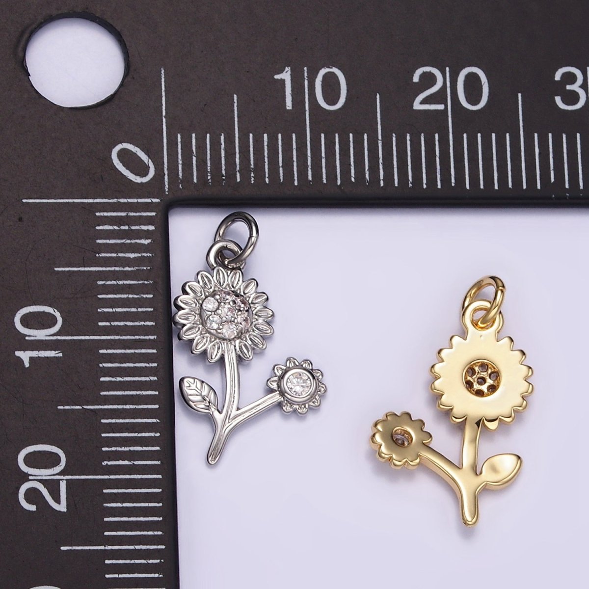 16K Gold Filled Micro Paved CZ Sunflower Charm in Gold & Silver | M117