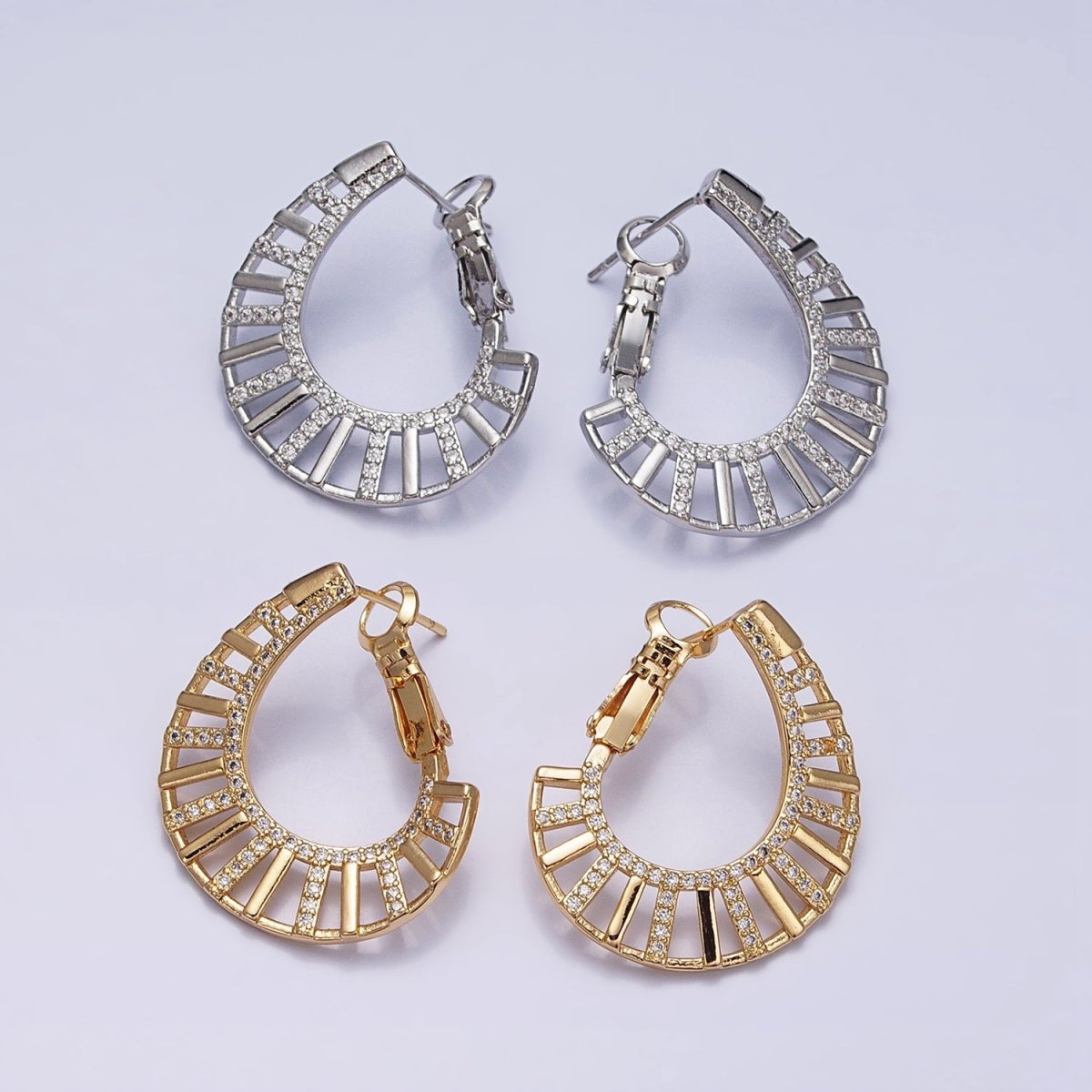 16K Gold Filled Micro Paved CZ Wide Bar Front-Facing Hinge Hoop Earrings in Gold & Silver | AD1106 AD1107