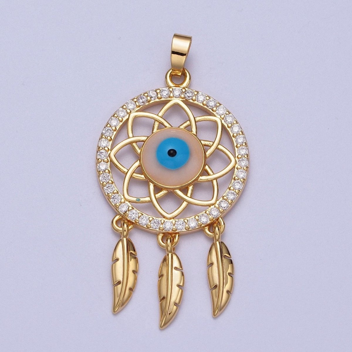 16K Gold Filled Micro Paved Evil Eye of Ra Dreamcatcher Feathers Pendant For DIY Protection Jewelry Making | X-688 - DLUXCA