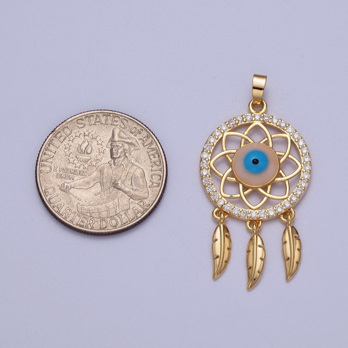 16K Gold Filled Micro Paved Evil Eye of Ra Dreamcatcher Feathers Pendant For DIY Protection Jewelry Making | X-688 - DLUXCA