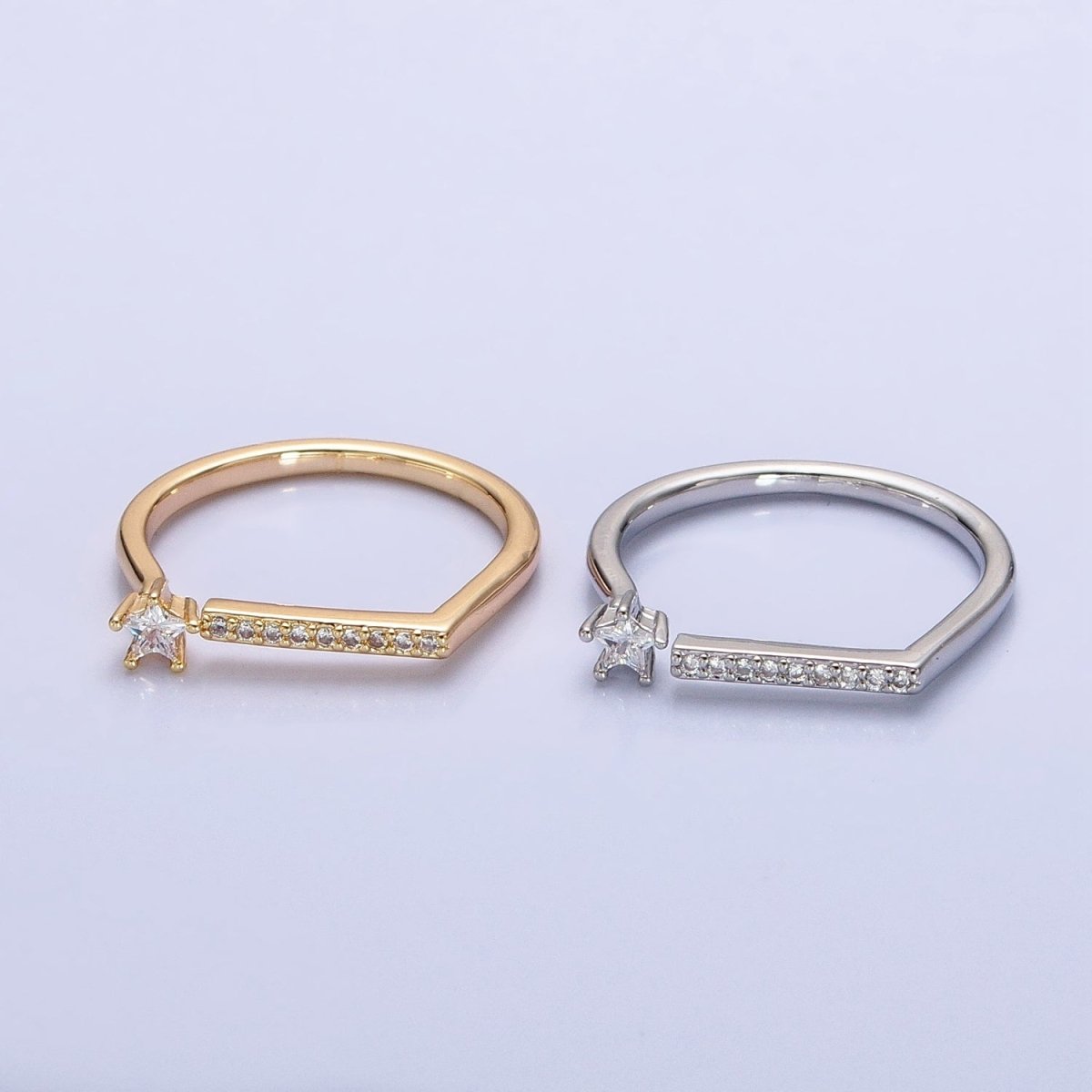 16K Gold Filled Micro Paved Flat Bar Celestial Star CZ Open Adjustable Ring in Gold & Silver | O-1906 O-1907