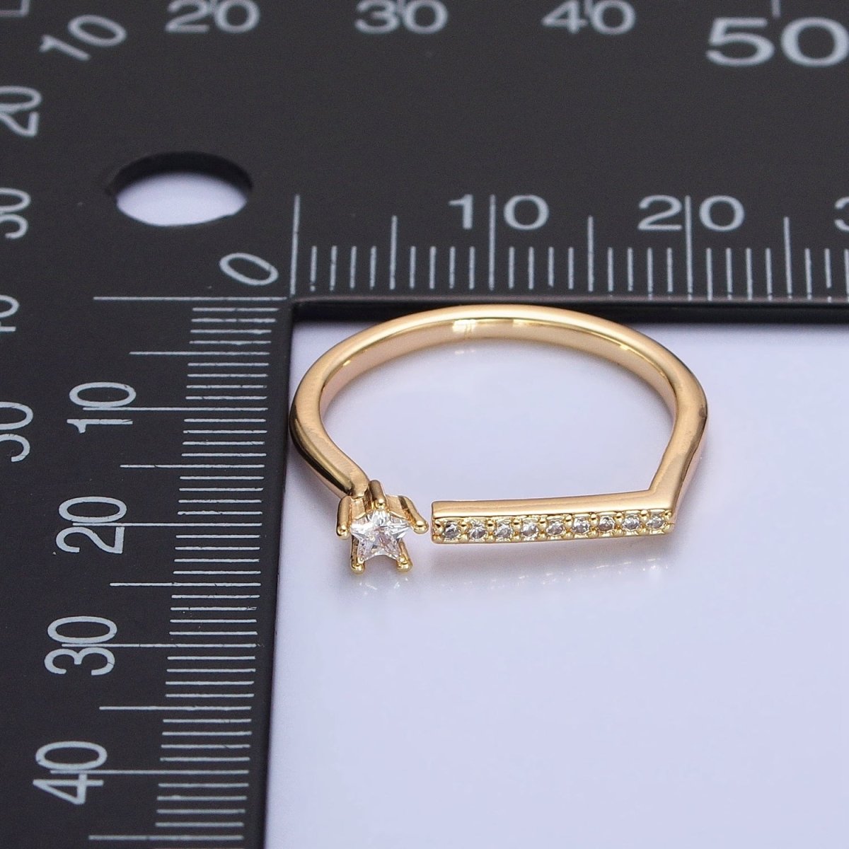 16K Gold Filled Micro Paved Flat Bar Celestial Star CZ Open Adjustable Ring in Gold & Silver | O-1906 O-1907