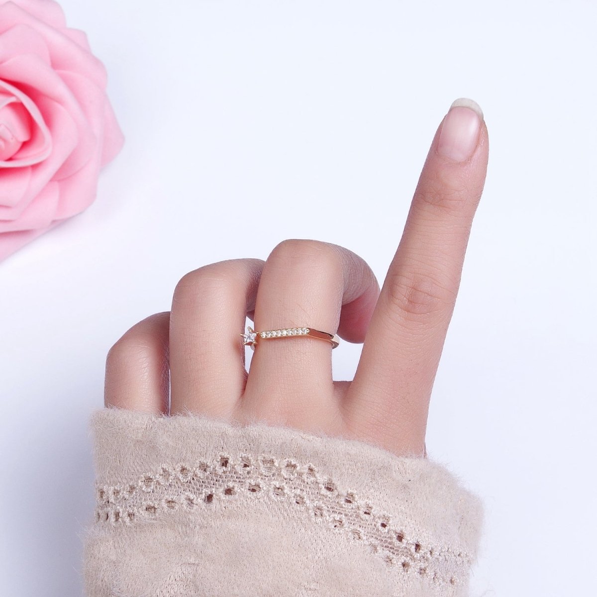 16K Gold Filled Micro Paved Flat Bar Celestial Star CZ Open Adjustable Ring in Gold & Silver | O-1906 O-1907