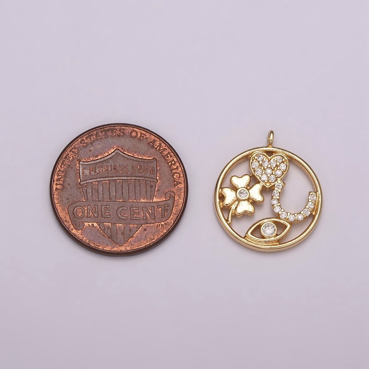 16K Gold Filled Micro Paved Micro Paved CZ Heart Horseshoe Clover Evil Eye Round Open Charm N-176 - DLUXCA