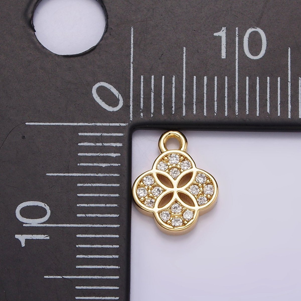 OS 16K Gold Filled Mini Clear Micro Paved Quatrefoil Clover Flower Open Add-On Charm | N968