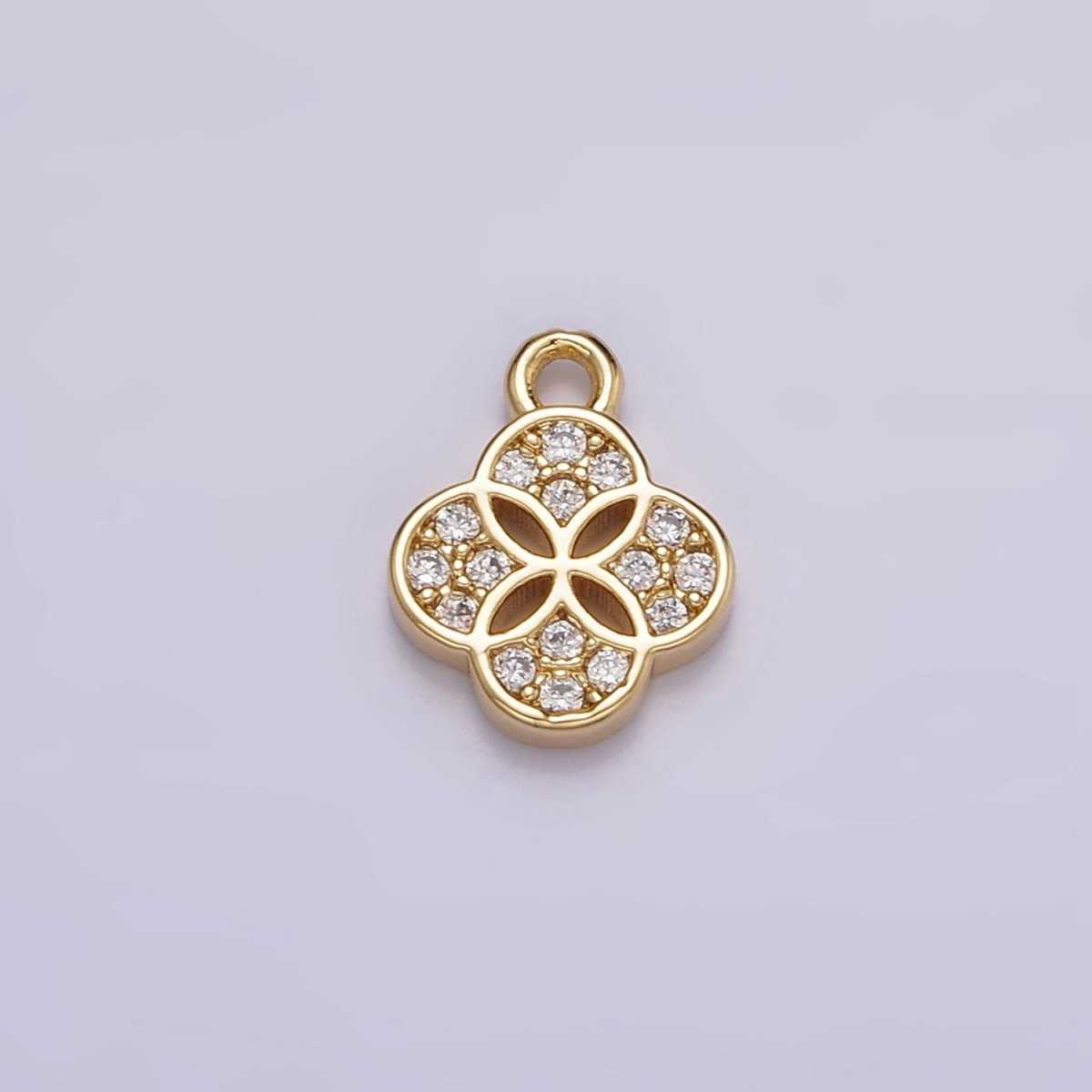 OS 16K Gold Filled Mini Clear Micro Paved Quatrefoil Clover Flower Open Add-On Charm | N968