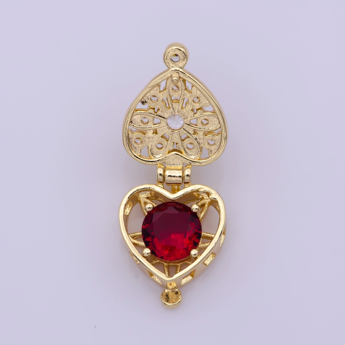 16K Gold Filled Mini Heart Cage Locket Charm with Red CZ Inside N-195 - DLUXCA