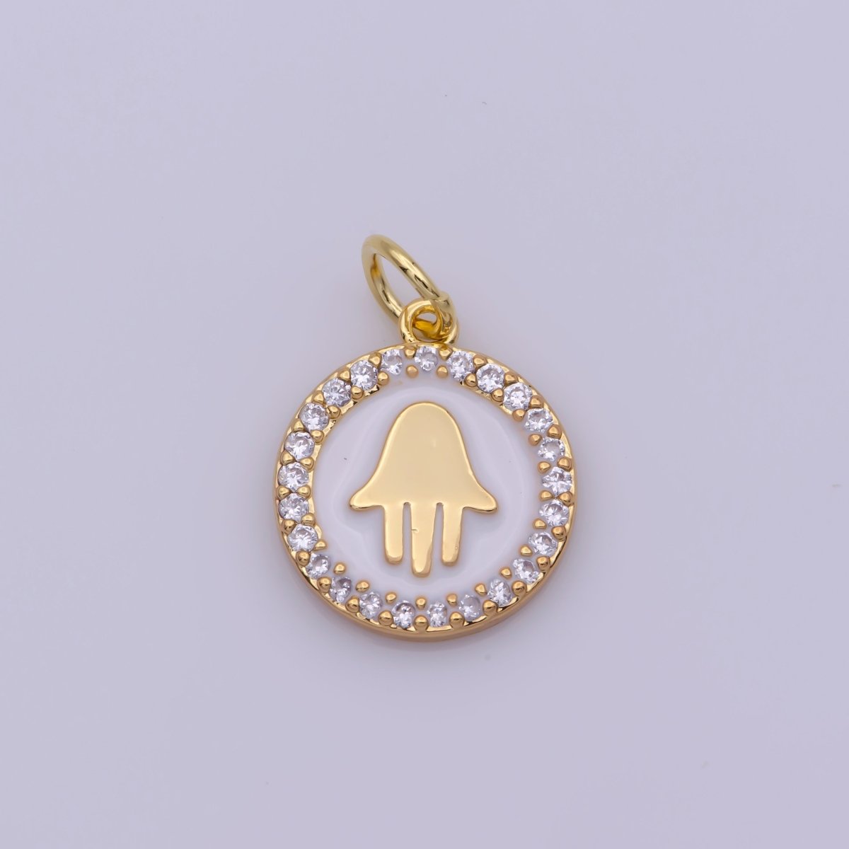 16K Gold Filled Mini Micro Paved CZ White Enamel Hamsa Hand Protection Charm N-202 - DLUXCA