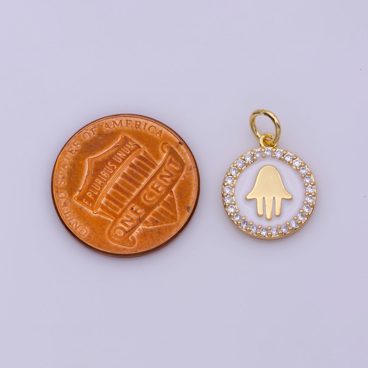 16K Gold Filled Mini Micro Paved CZ White Enamel Hamsa Hand Protection Charm N-202 - DLUXCA