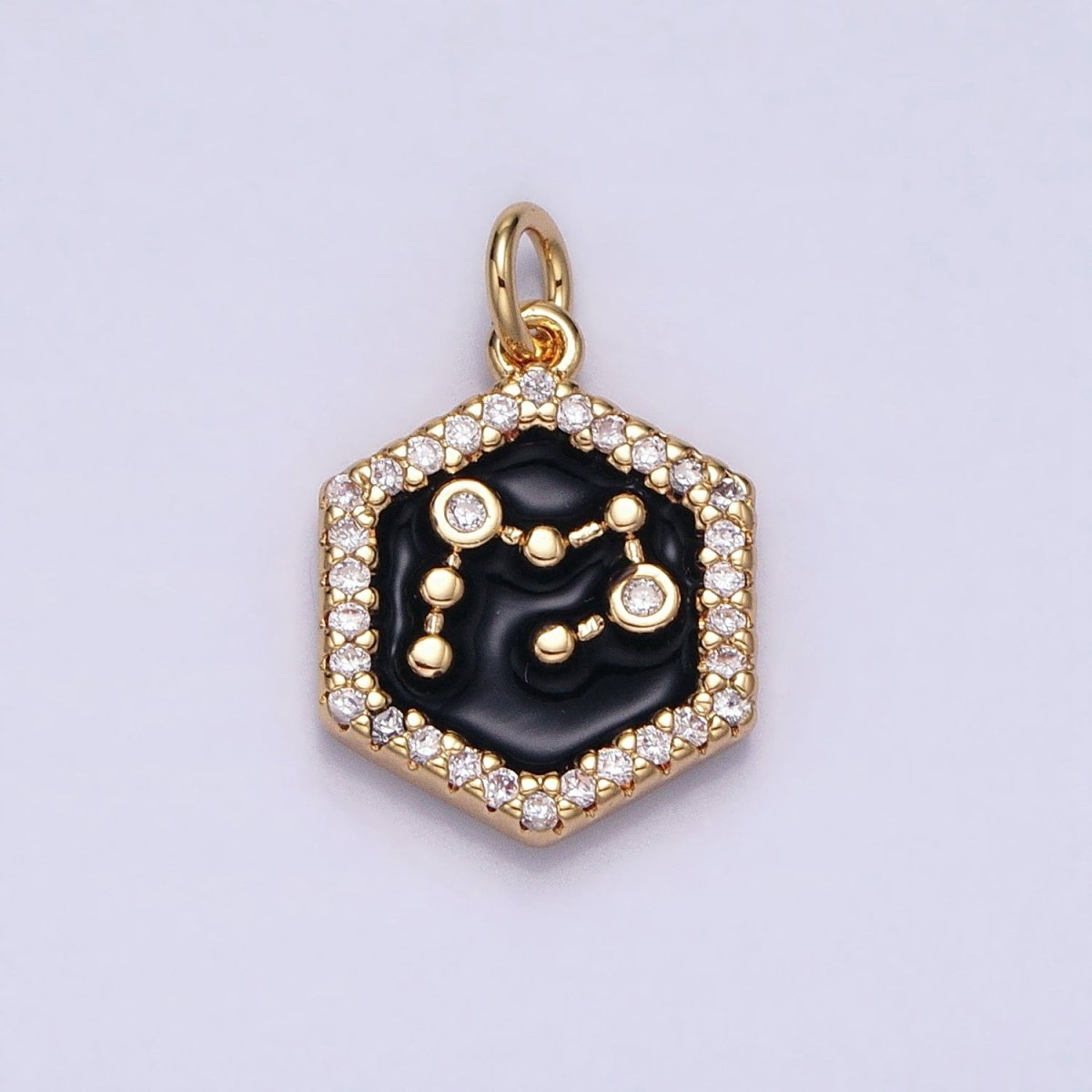 16K Gold Filled Mini Zodiac Sign Birth Star Constellation Black Enamel Hexagonal Hammered Add-On Charm | A-A1397-A-A1402