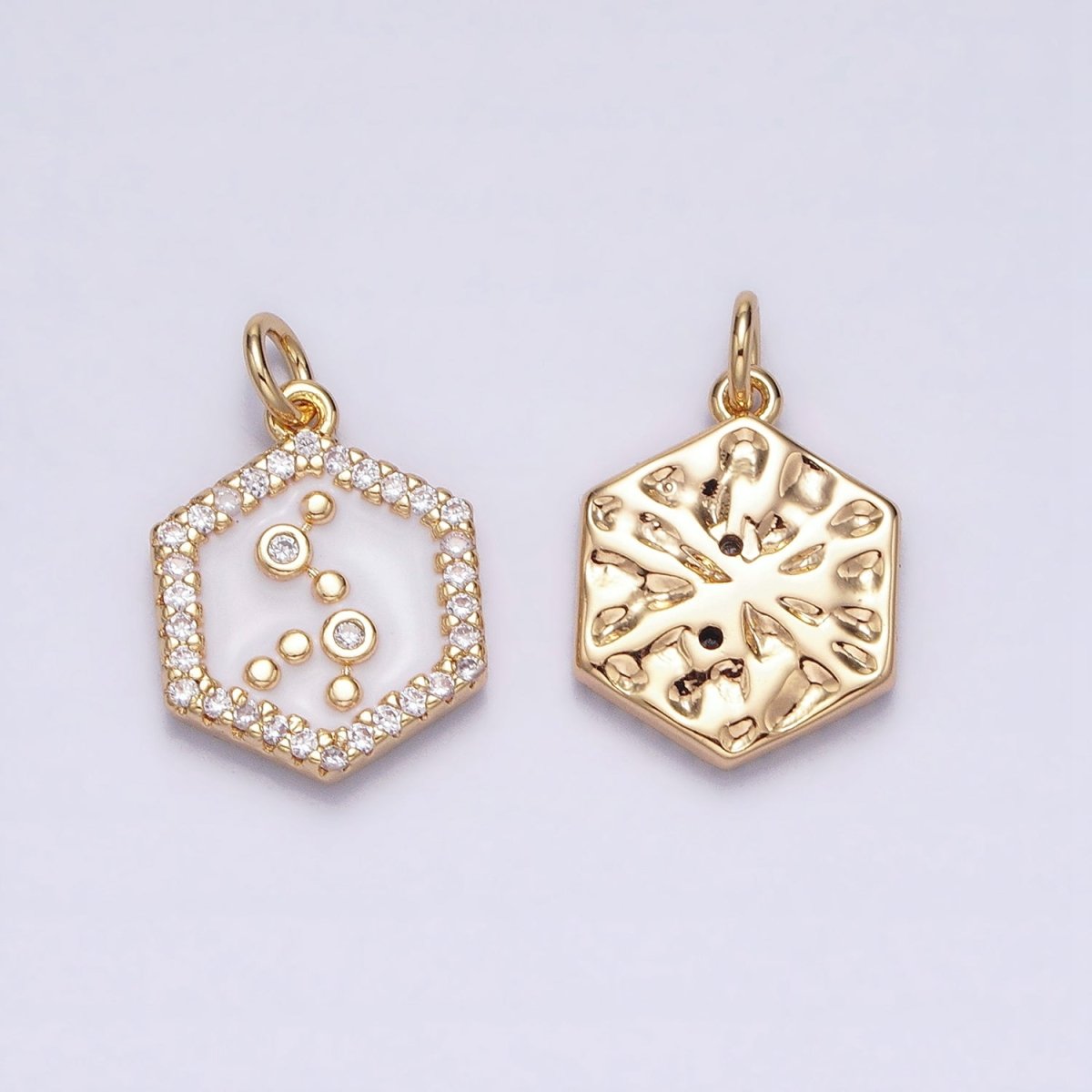 16K Gold Filled Mini Zodiac Sign Birth Star Constellation Black Enamel Hexagonal Hammered Add-On Charm | A-A1397-A-A1402