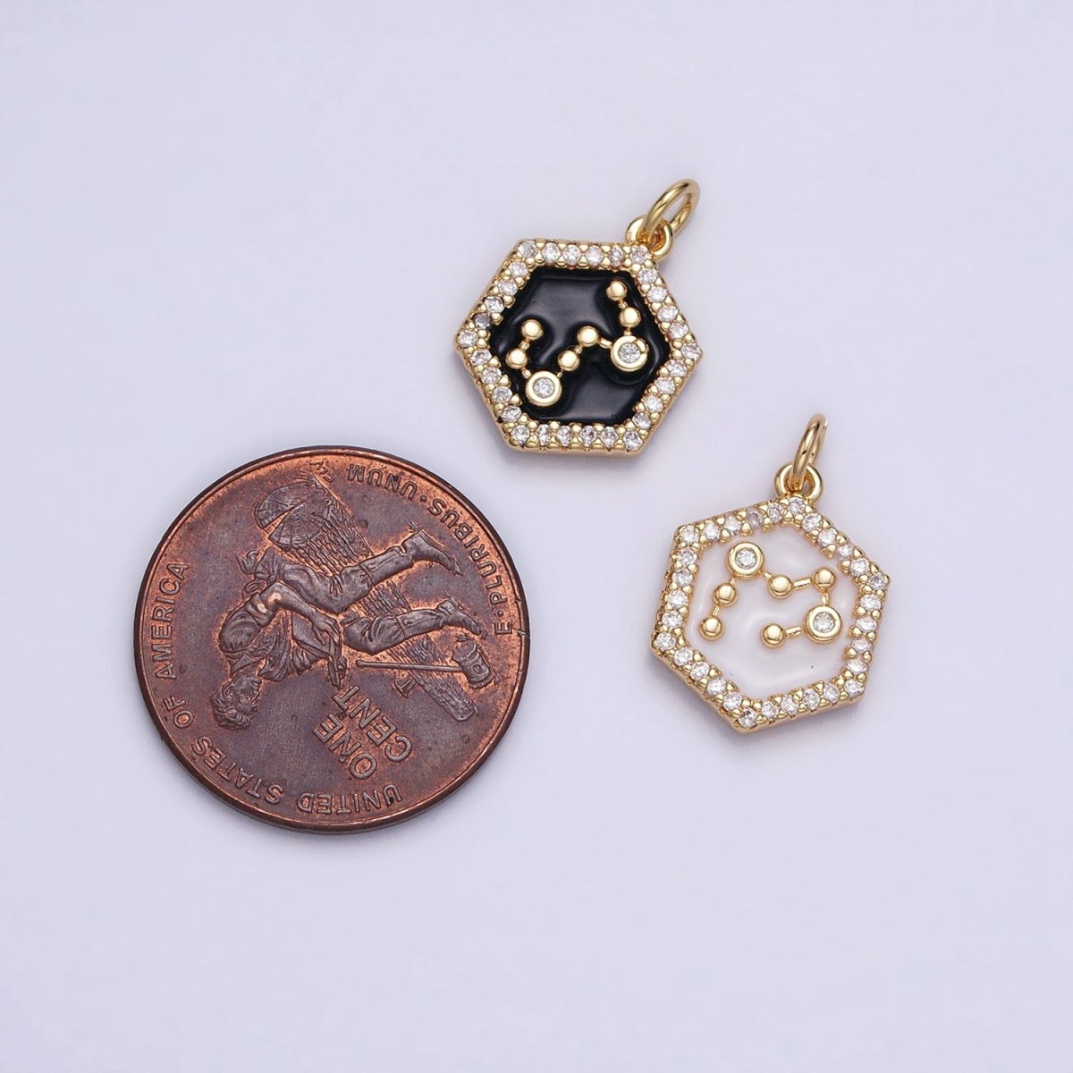 16K Gold Filled Mini Zodiac Sign Birth Star Constellation Black Enamel Hexagonal Hammered Add-On Charm | A-A1397-A-A1402