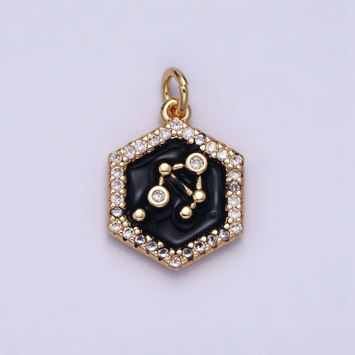 16K Gold Filled Mini Zodiac Sign Birth Star Constellation Black Enamel Hexagonal Hammered Add-On Charm | A-A1397-A-A1402