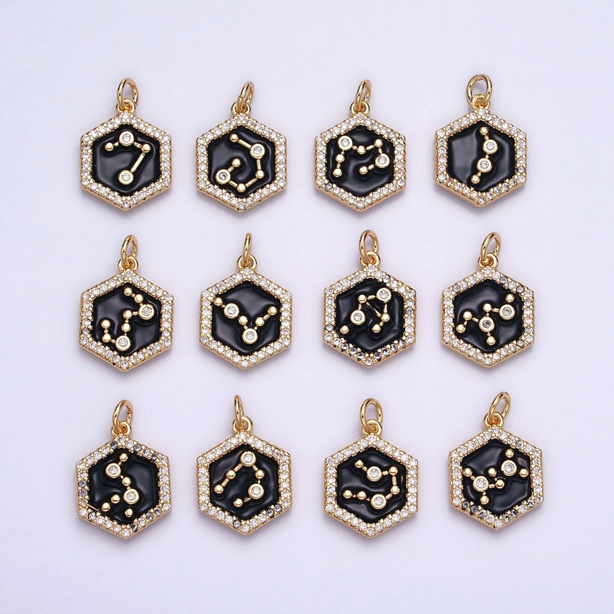 16K Gold Filled Mini Zodiac Sign Birth Star Constellation Black Enamel Hexagonal Hammered Add-On Charm | A-A1397-A-A1402