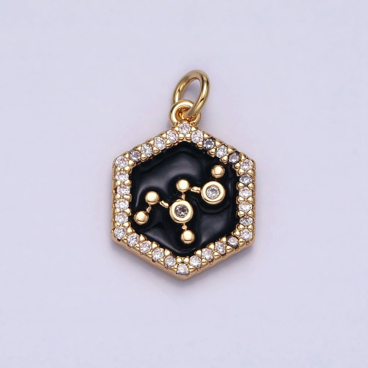 16K Gold Filled Mini Zodiac Sign Birth Star Constellation Black Enamel Hexagonal Hammered Add-On Charm | A-A1397-A-A1402