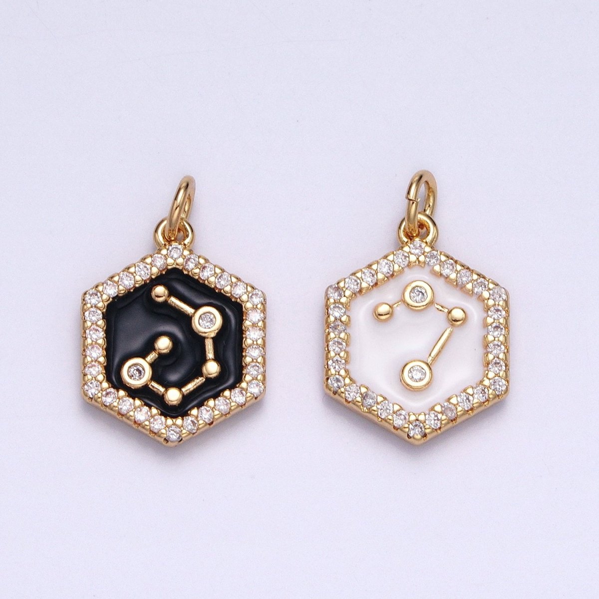 16K Gold Filled Mini Zodiac Sign Birth Star Constellation Black Enamel Hexagonal Hammered Add-On Charm | A-A1397-A-A1402