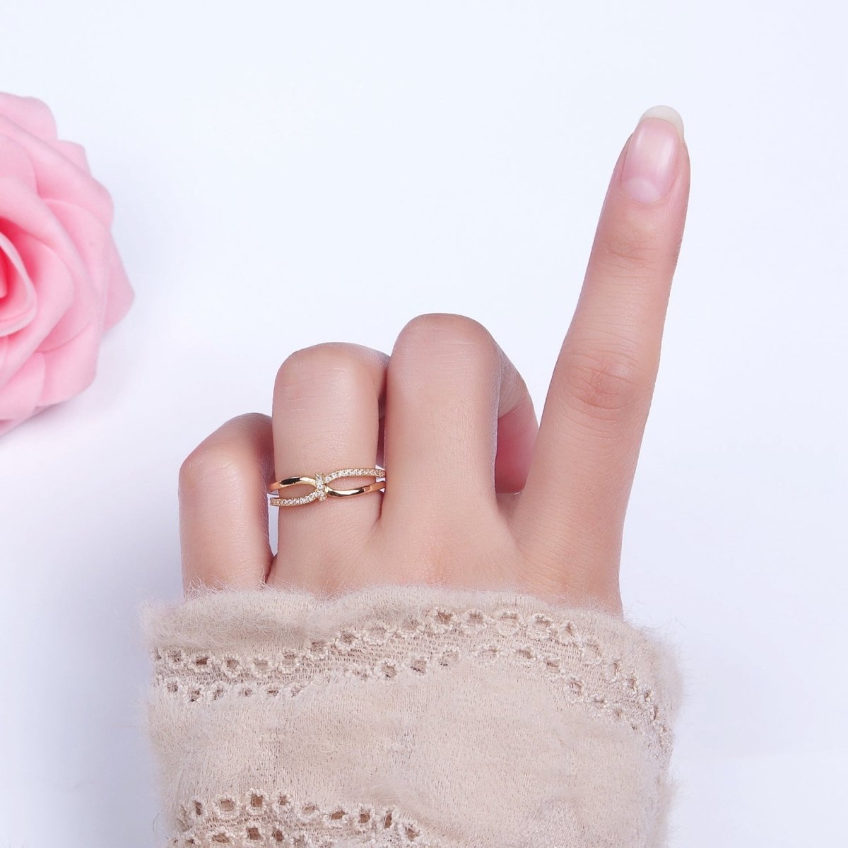 16K Gold Filled Mirco Paved Knot Double Band Ring in Gold & Silver | O-1629 O-1630