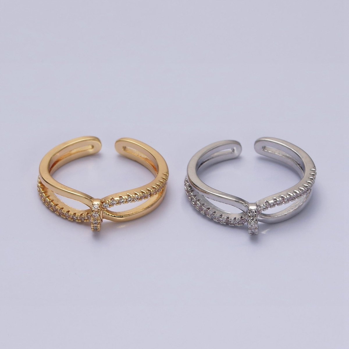 16K Gold Filled Mirco Paved Knot Double Band Ring in Gold & Silver | O-1629 O-1630