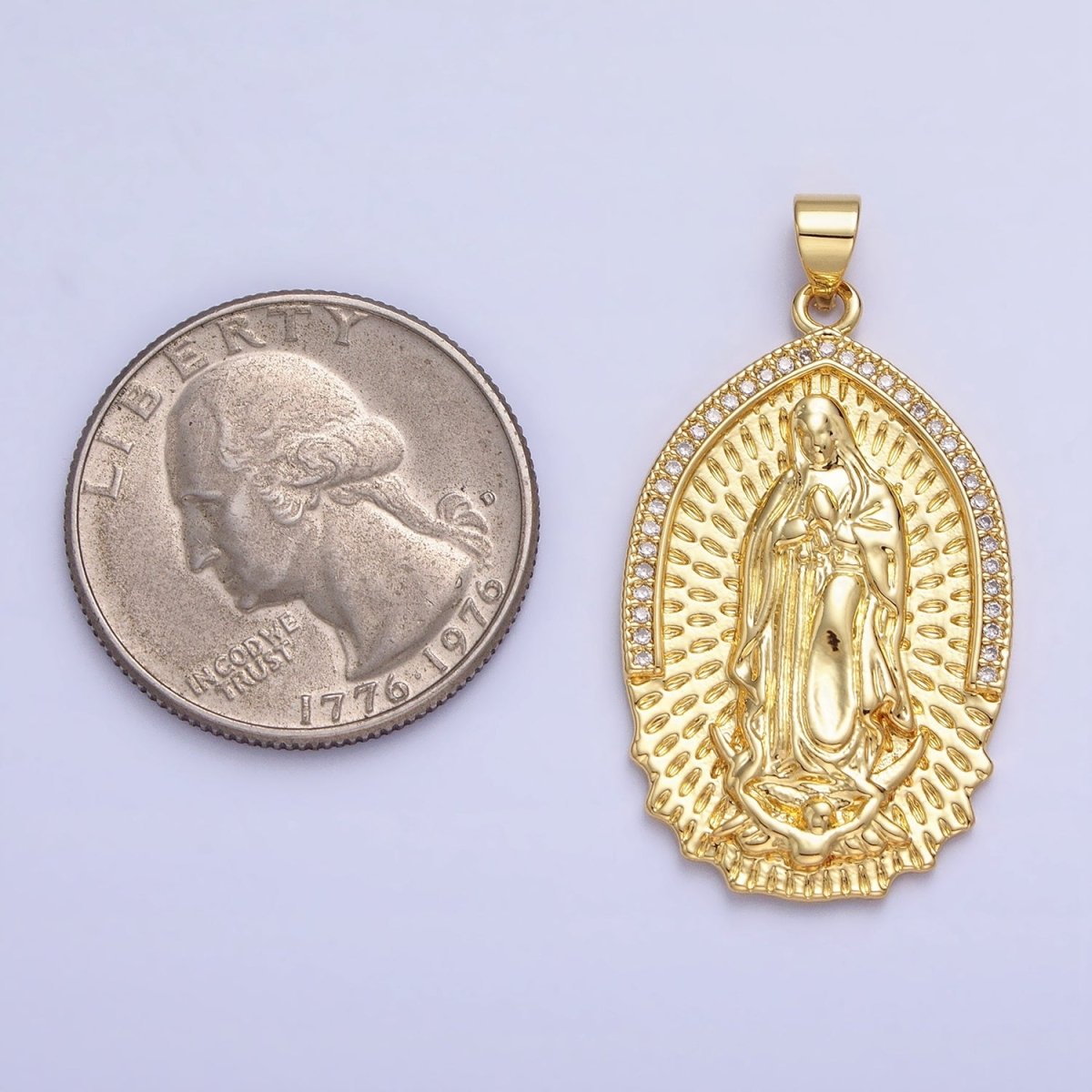 16K Gold Filled Mother Virgin Mary Line Textured Micro Paved CZ Religious Pendant | AA226 - DLUXCA
