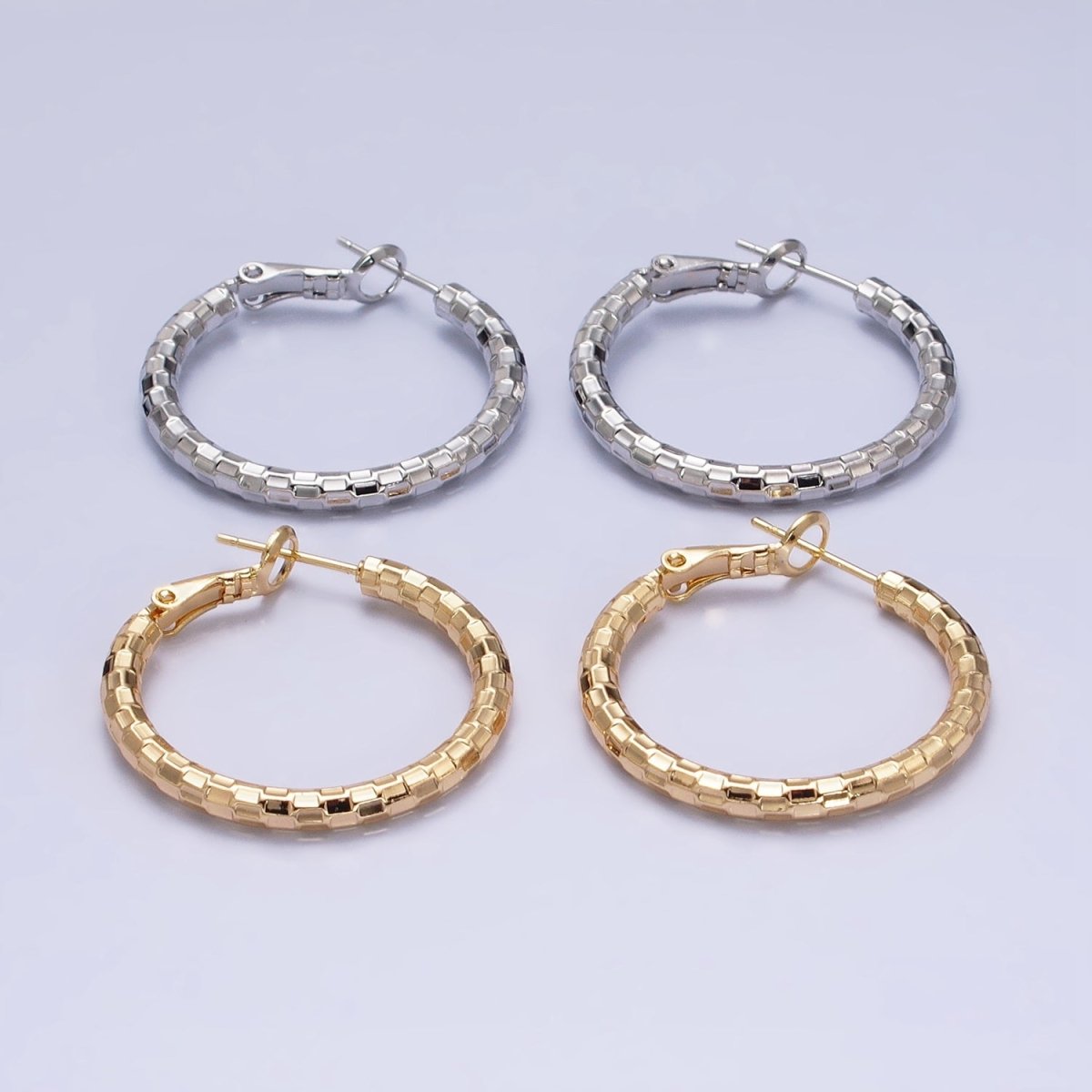 16K Gold Filled Multifaceted Textured 30mm Hinge Hoop Earrings in Gold & Silver | AD1211 AD1212