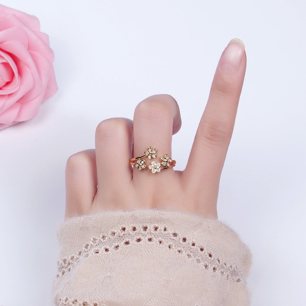 16K Gold Filled Multiple Daisy Flower Clear CZ Open Adjustable Ring | O-1781 O-1782