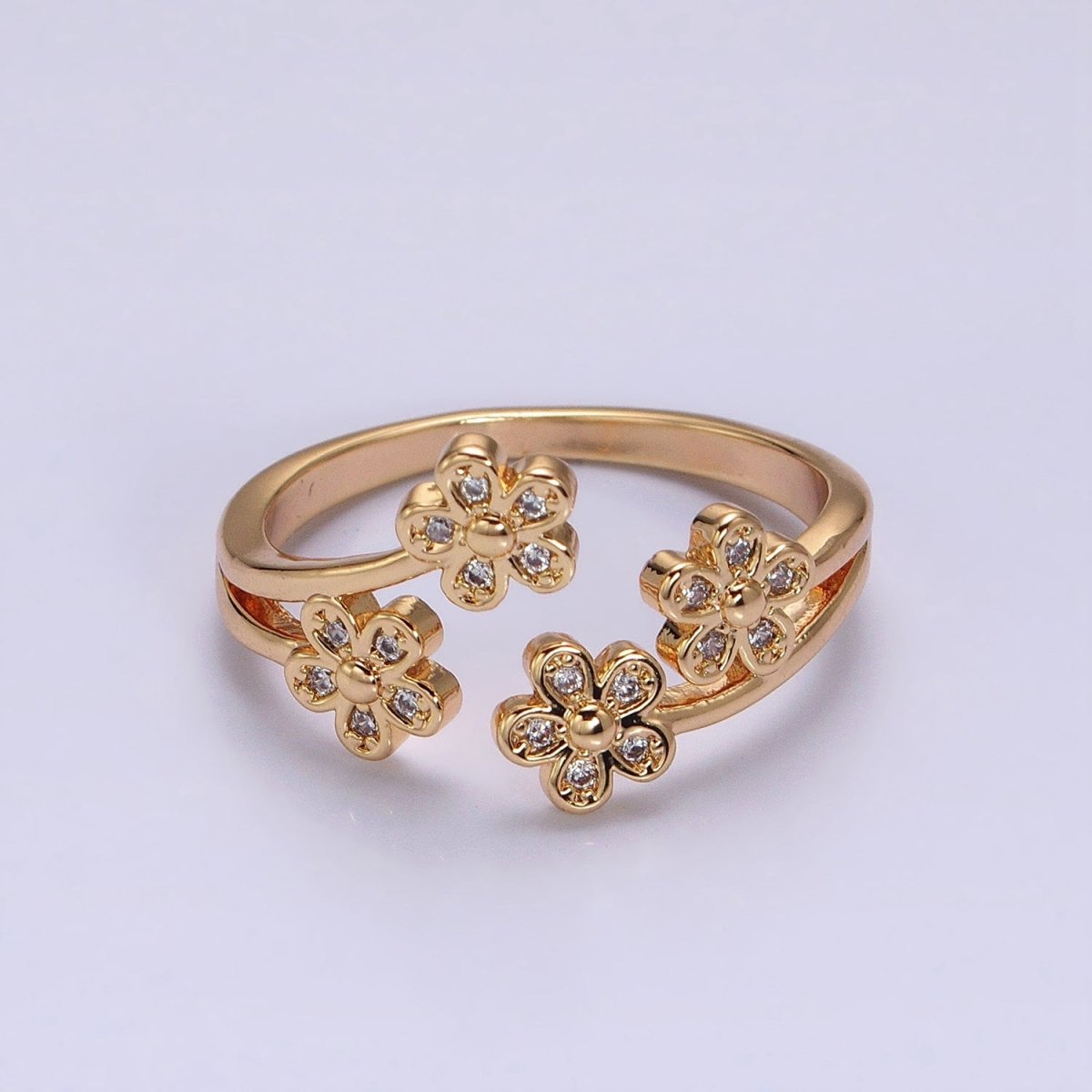16K Gold Filled Multiple Daisy Flower Clear CZ Open Adjustable Ring | O-1781 O-1782